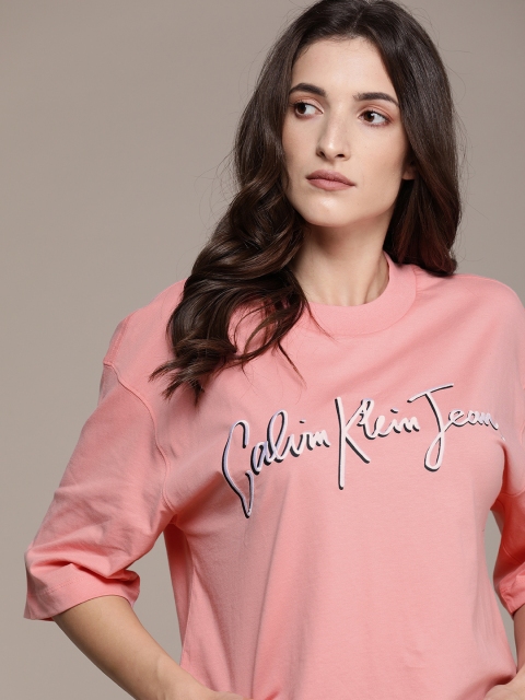 

Calvin Klein Jeans Women Pink & White Brand Logo Drop-Shoulder Sleeves Boxy T-shirt