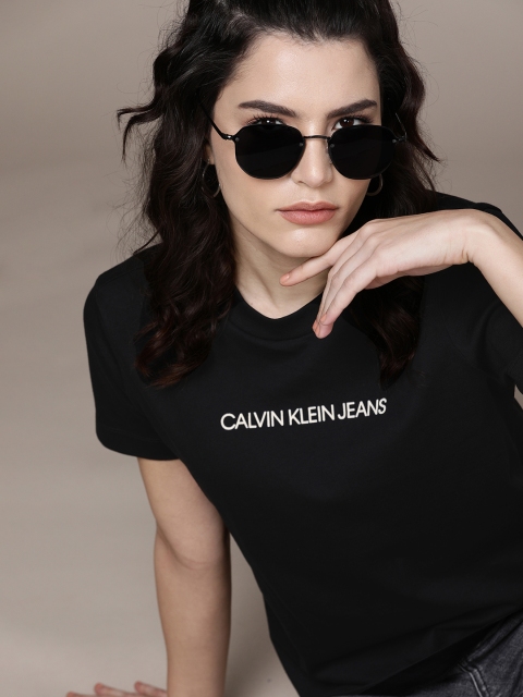 

Calvin Klein Jeans Women Black Typography Printed Pure Cotton T-shirt