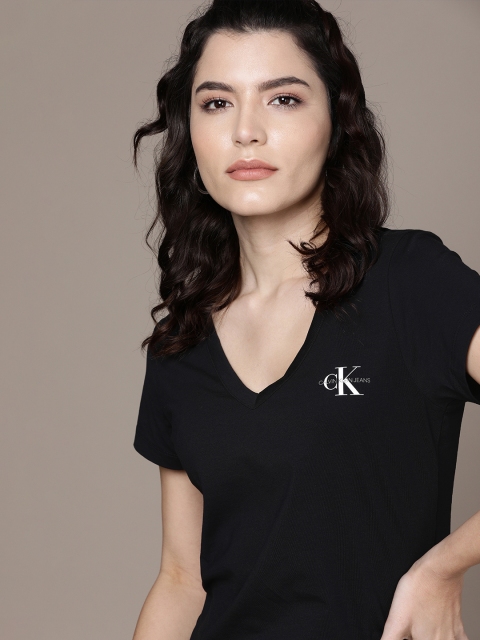 

Calvin Klein Jeans Women Black V-Neck Slim Fit Pure Cotton T-shirt