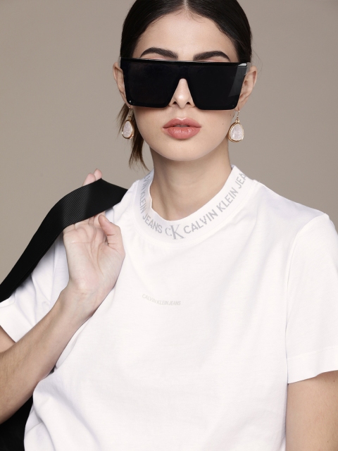 

Calvin Klein Jeans Women White & Grey Brand Logo Printed Applique T-shirt