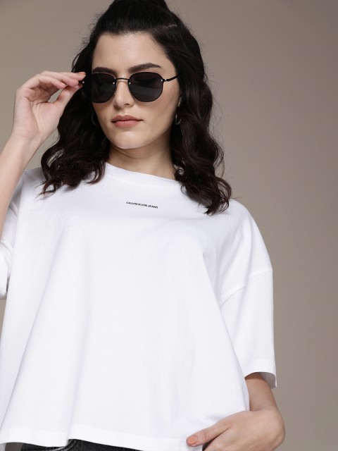 

Calvin Klein Jeans Women White Typography Drop-Shoulder Sleeves Boxy Pure Cotton T-shirt