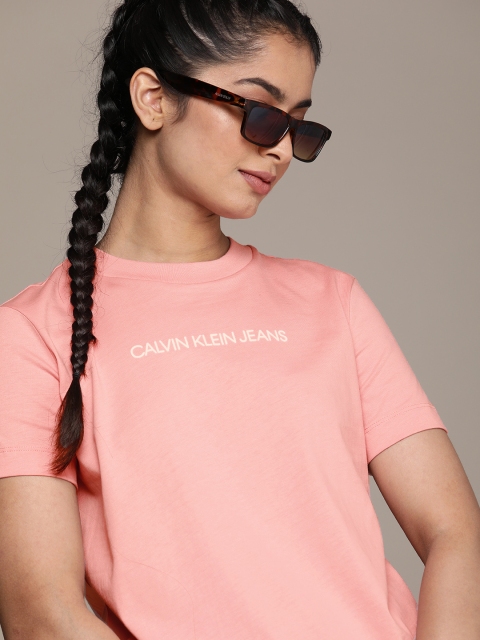 

Calvin Klein Jeans Women Peach-Coloured Brand Logo Printed Boxy T-shirt