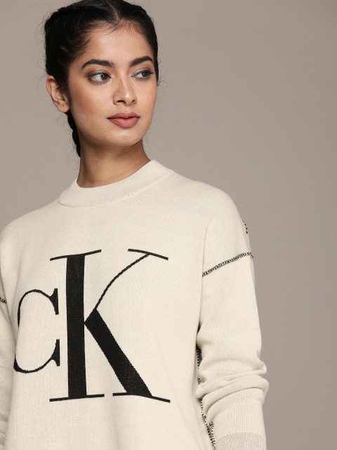 

Calvin Klein Jeans Women Beige & Black Typography Printed LOOSE Pullover Sweater