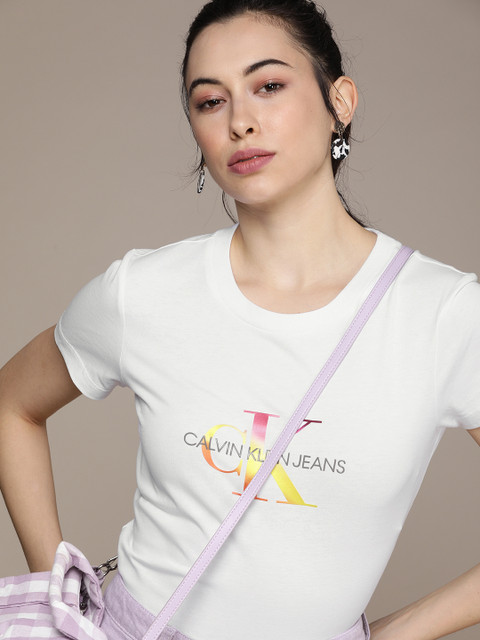 

Calvin Klein Jeans Women White & Grey Brand Logo Printed T-shirt
