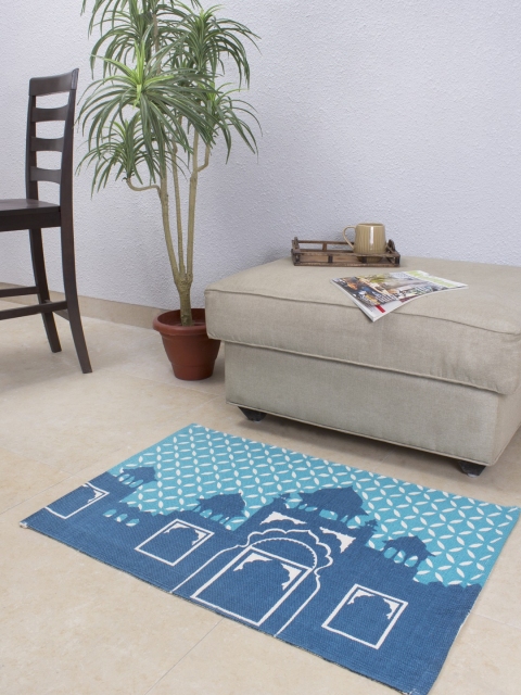 

House This Blue & White Printed Cotton Rectangular Bath Rug