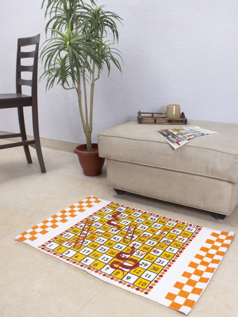 

House This White & Orange Printed Cotton Rectangular Bath Rug