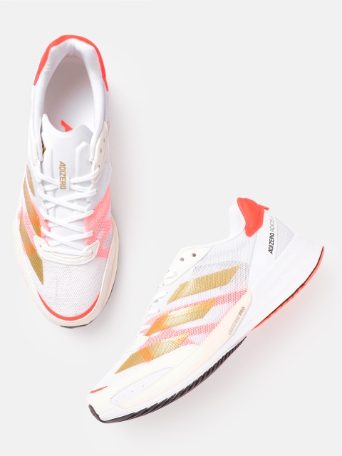 

ADIDAS Women White & Coral Orange Woven Design Adizero Adios 6 Sustainable Running Shoes