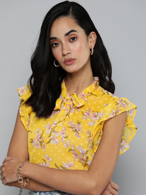 

Flying Machine Yellow Floral Print Tie-Up Neck Top