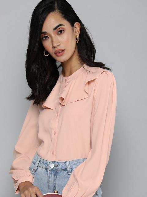 

Flying Machine Peach-Coloured Mandarin Collar Ruffles Top