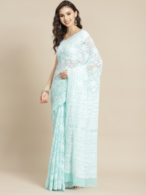 

ADA Sea Green & White Ethnic Chikankari Embroidered Sustainable Saree