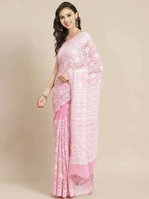 

ADA Pink & White Ethnic Chikankari Embroidered Sustainable Saree