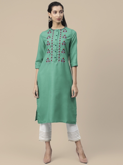 

Sangria Women Green Embroidered Straight Kurta