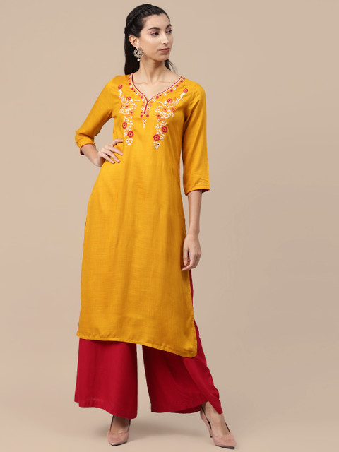 

Sangria Women Mustard Yellow Floral Embroidered Thread Work Kurta
