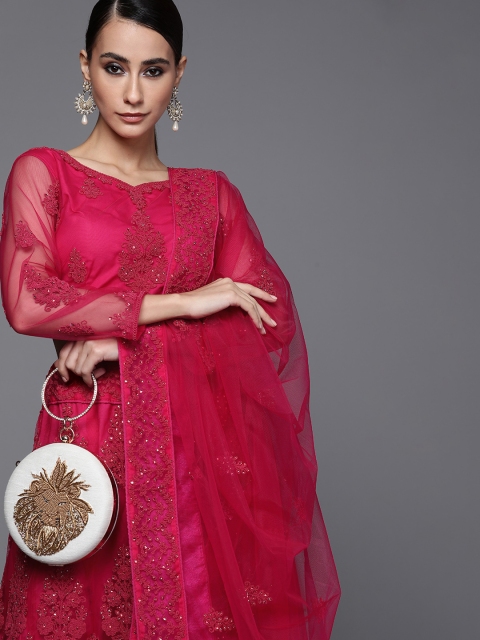 

Inddus Women Magenta Embellished Semi-Stitched Lehenga & Unstitched Blouse With Dupatta