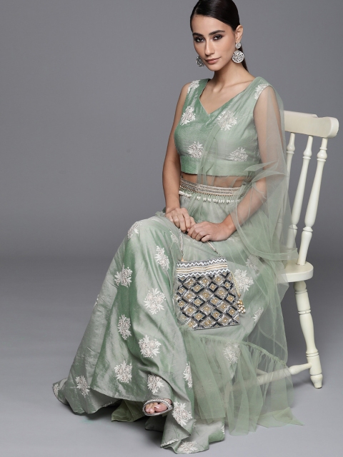 

Inddus Women Green Embroidered Semi-Stitched Lehenga & Unstitched Blouse With Dupatta
