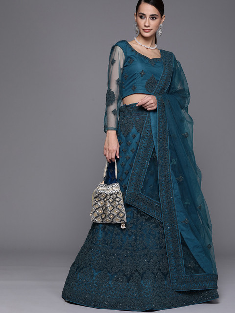 

Inddus Teal Embroidered Beads and Stones Semi-Stitched Lehenga & Unstitched Blouse With Dupatta