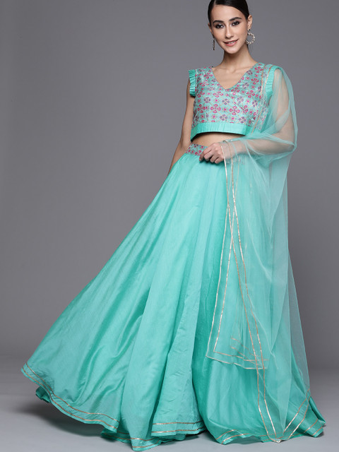 

Inddus Sea Green Woven-Design Semi-Stitched Lehenga & Unstitched Blouse With Dupatta
