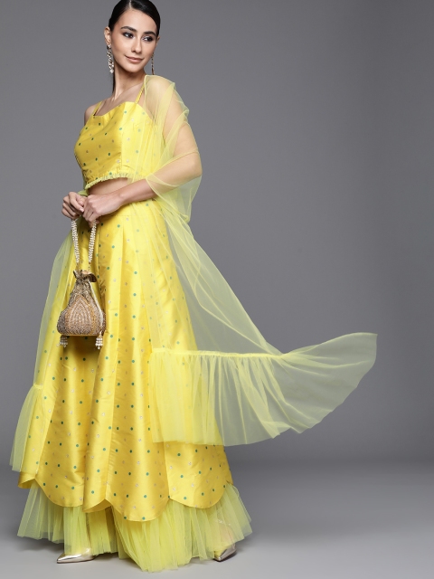 

Inddus Women Yellow Woven-Design Semi-Stitched Lehenga & Unstitched Blouse With Dupatta