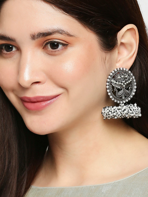 

OOMPH Silver-Toned Peacock Design with Pearls Jhumkas Earrings