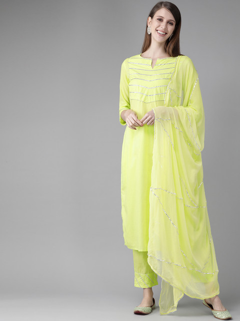 

Indo Era Women Lime Green Yoke Design Pure Cotton Kurta with Palazzos & With Dupatta
