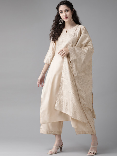 

Indo Era Women Off White Yoke Design Regular Liva Kurta with Palazzos & Dupatta