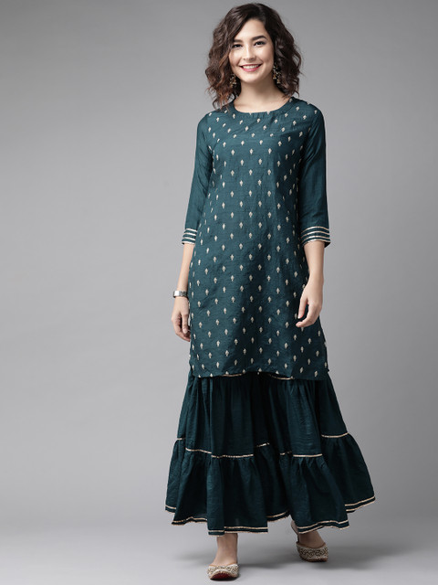 

Indo Era Women Teal Green Ethnic Motifs Embroidered Regular Gotta Patti Kurta with Sharara