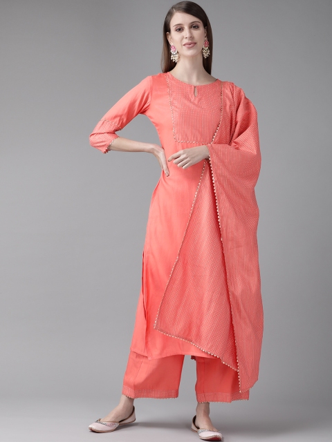 

Indo Era Women Coral Pink Yoke Design Kurta with Palazzos & With Dupatta