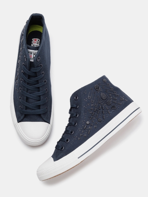 

Kook N Keech Men Navy Textured Mid-Top Sneakers, Navy blue