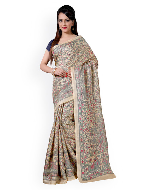 

Saree mall Beige Khadi Silk Floral Print Saree