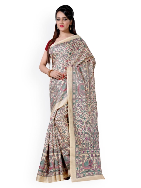 

Saree mall Beige Khadi Silk Floral Print Saree