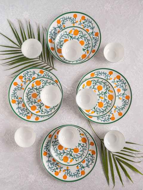 

Neerja White & Green 16 Pieces Marigold Printed Opalware Glossy Dinner Set
