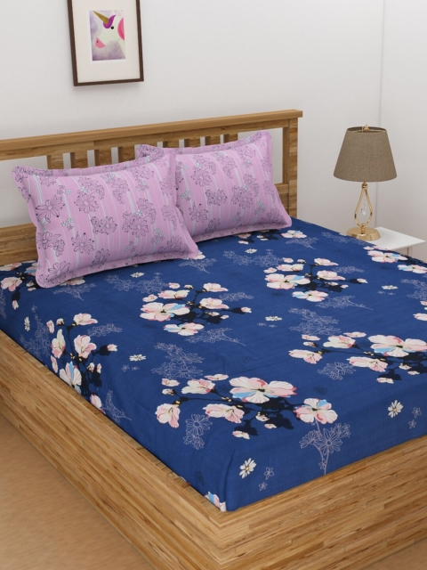 

Florida Blue & Pink Floral 144 TC Queen Bedsheet with 2 Pillow Covers