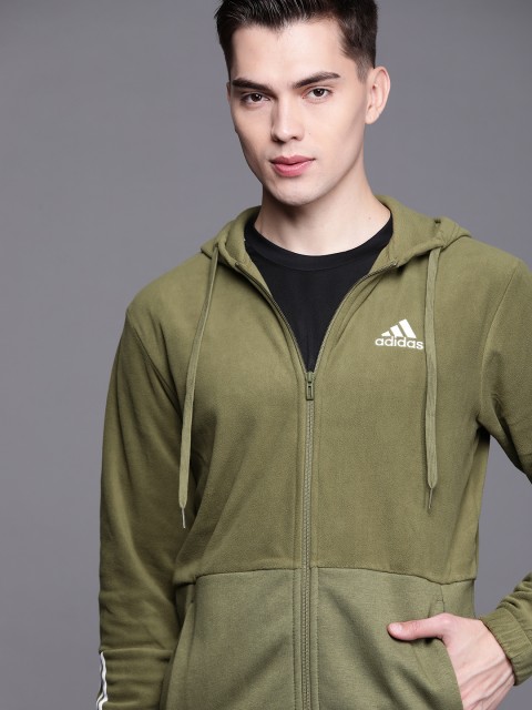 

ADIDAS Men Olive Green Q4 BLUV Full Zip Hooded Back Embroidered Sustainable Sweatshirt