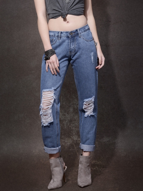 

Roadster Women Blue Boyfriend Fit Mid Rise Highly Distressed Jeans
