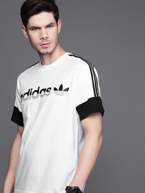 

ADIDAS Originals Men White & Black 3 Striped Split Brand Logo Print Cotton Outdoor Sustainable T-shirt