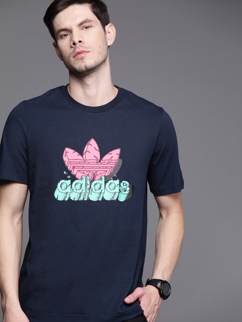

ADIDAS Originals Men Navy Blue Pink Funny Dino 5 AS Brand Logo Print Pure Cotton T-shirt