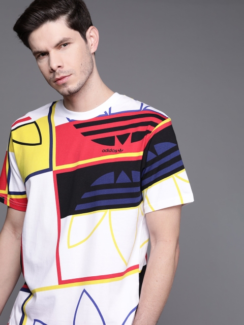 

ADIDAS Originals Men White Yellow AOP Logo Play Pure Cotton T-shirt