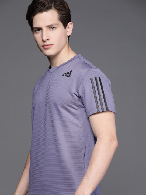 

ADIDAS Men Purple Brand Logo Detail Primeblue Aeroready 3-Stripes Slim Fit T-shirt