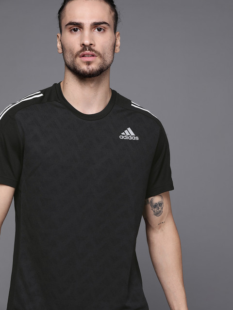 

ADIDAS Men Black Top Recruit Brand Logo Patterned Running T-shirt