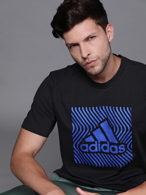 

ADIDAS Men Black Blue Colorshifting Square Logo Printed Pure Cotton T-shirt
