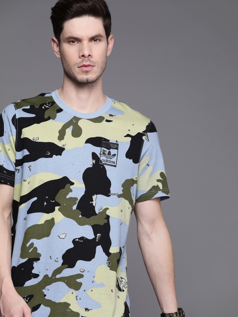

ADIDAS Originals Men Blue Green Camouflage All Over Print Pure Cotton T-shirt