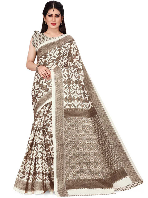 

KALINI Off White & Brown Ethnic Motif Ikat Art Silk Saree With Unstitched Blouse