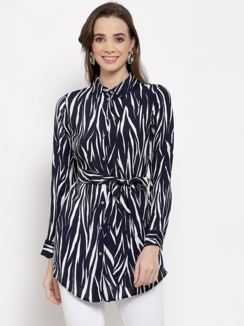 

Jade Garden Navy Blue Zebra Skin Animal Crepe Shirt Style Longline Sustainable Top