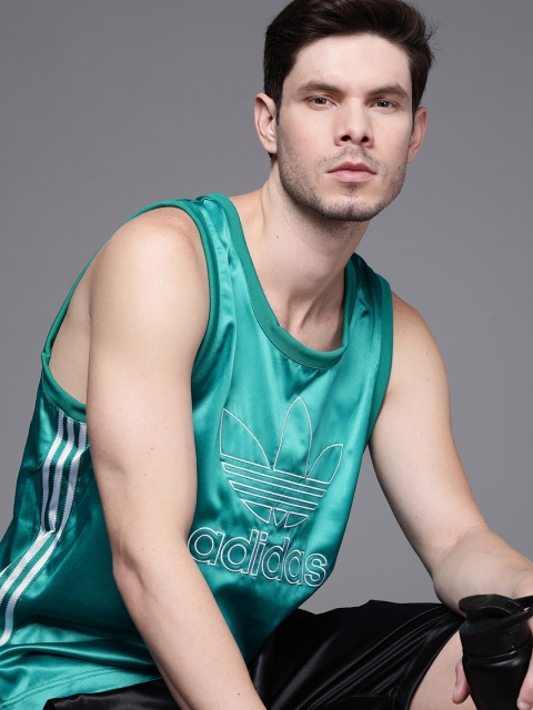 ADIDAS Originals Men Teal Green & White Brand Logo Embroidered TF Satin Tank T-shirt