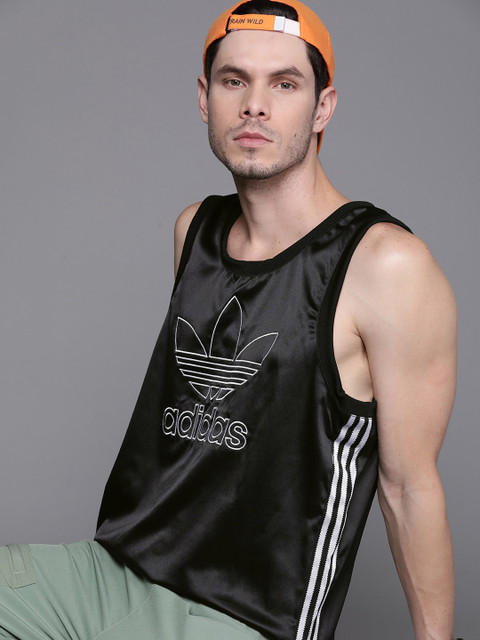 

ADIDAS Originals Men Black & White Brand Logo Embroidered TF Satin Tank T-shirt