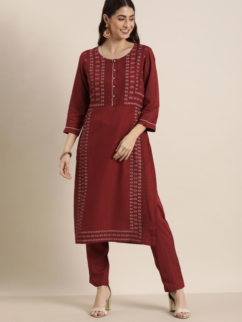 

all about you Women Maroon Ethnic Motifs Printed Regular Kurta with Trousers