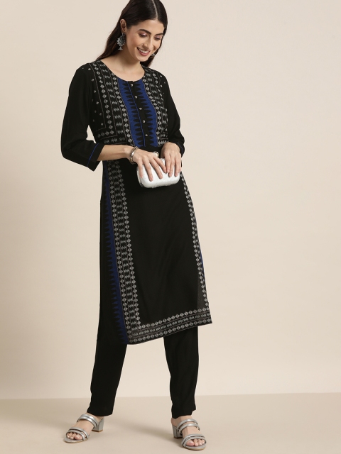 

all about you Women Black Ethnic Motifs Printed Regular Kurta with Trousers