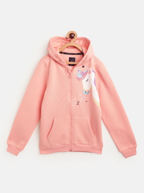 

Allen Solly Junior Girls Peach-Coloured Solid Hooded Sweatshirt with Unicorn Print