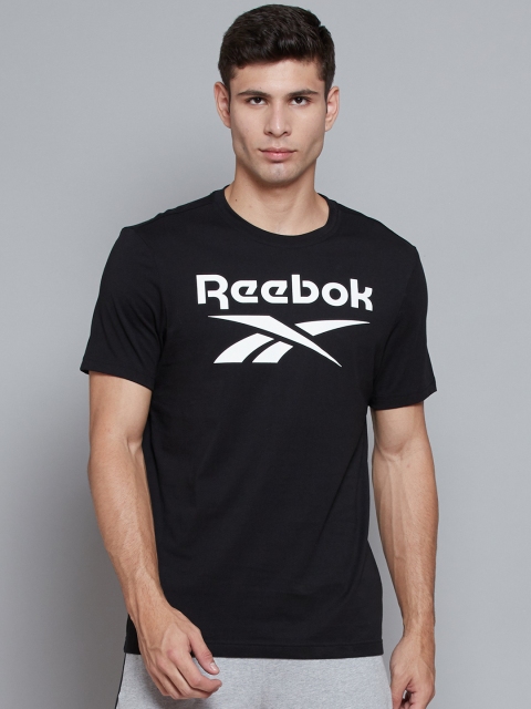 

Reebok Men Black & White Brand Logo Print Cotton Graphic Series Stacked Training T-shirt