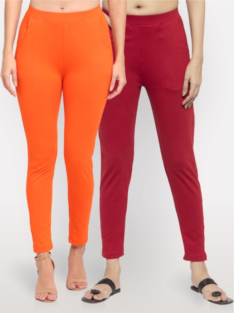 

NEUDIS Women Pack Of 2 Solid Ankle-Length Leggings, Orange